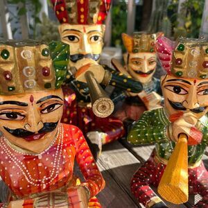 Vintage Set 4- Indian Handicraft Wooden Rajasthan Musicians Folk Art Statues